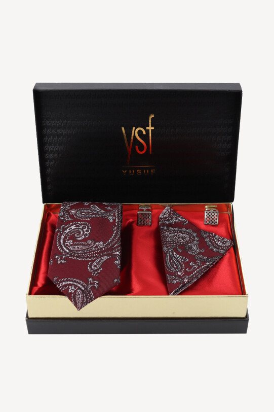 Erkek Bordo Kravat Mendil Kol Düğmesi Set - YSF
