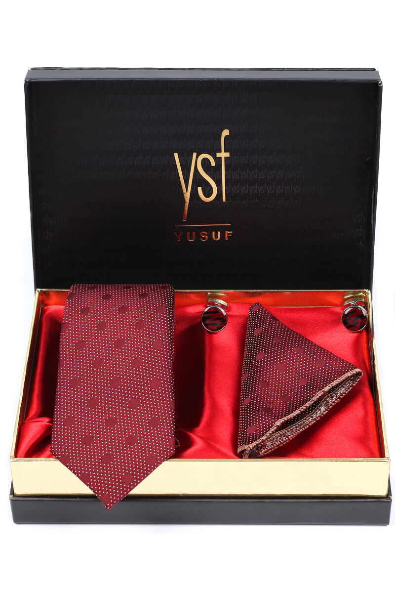 Erkek Bordo Kravat Mendil Kol Düğmesi Set - 1