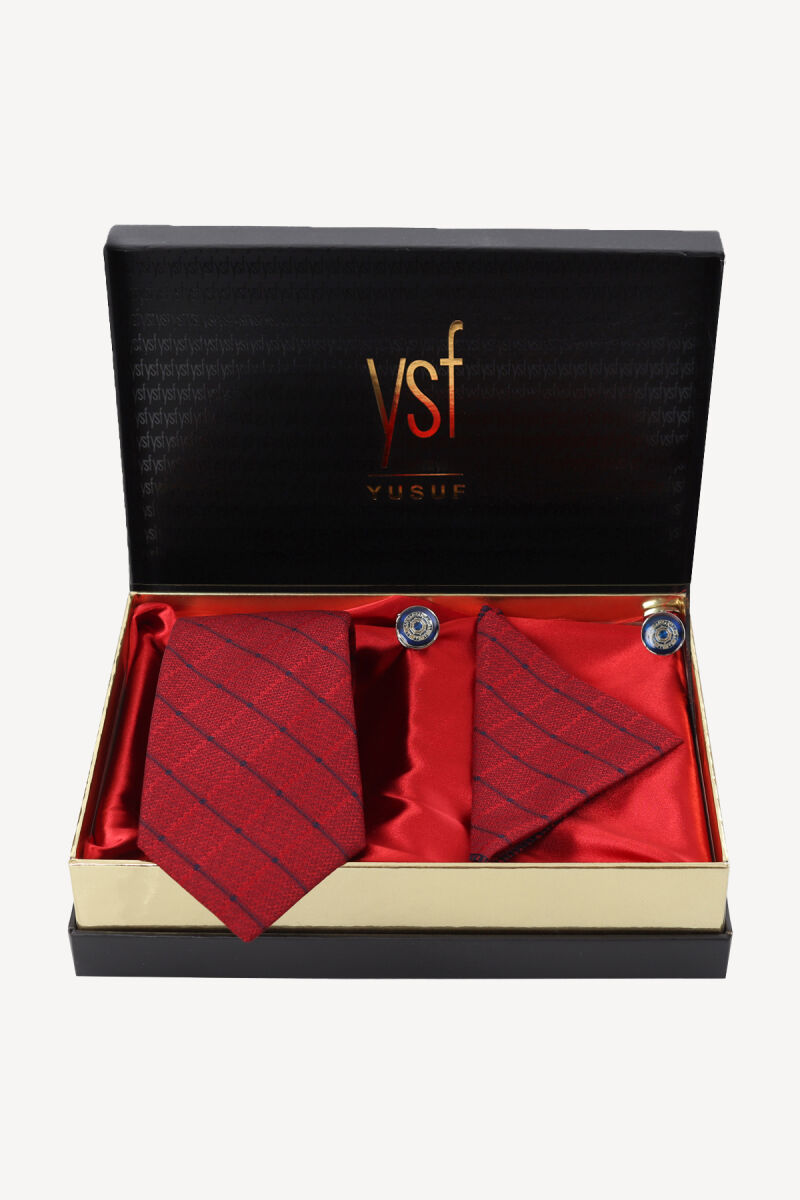 Erkek Bordo Kravat Mendil Kol Düğmesi Set - 1