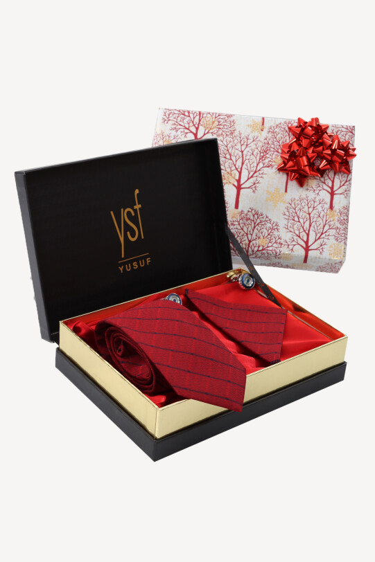 Erkek Bordo Kravat Mendil Kol Düğmesi Set - YSF (1)