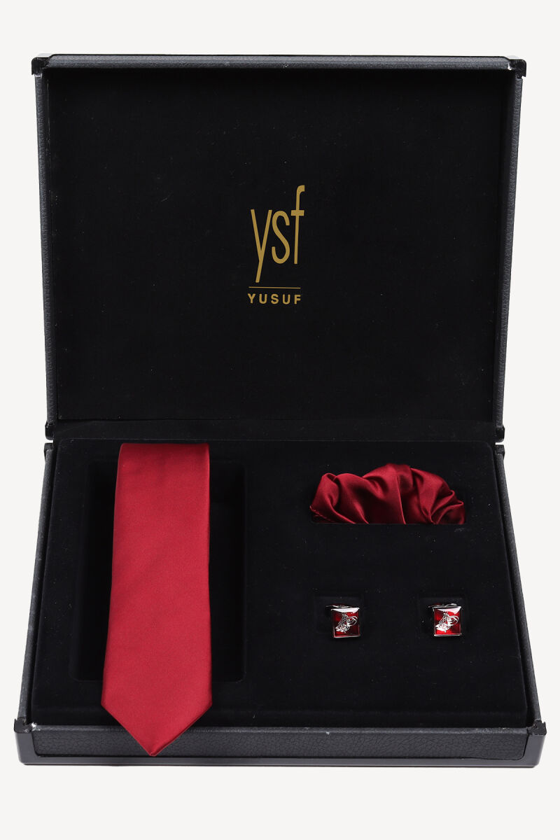 Erkek Bordo Kravat Mendil Kol Düğmesi Set - 1