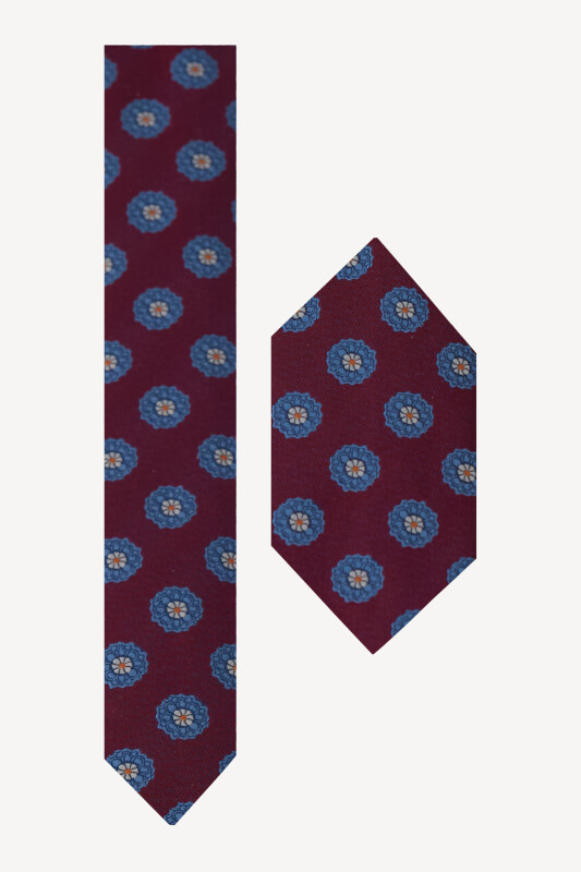 Erkek bordo lacivert Desenli Kravat Mendil Set - YSF