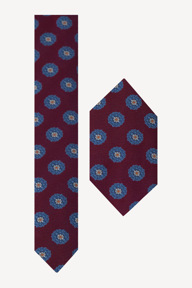 Erkek bordo lacivert Desenli Kravat Mendil Set - 1