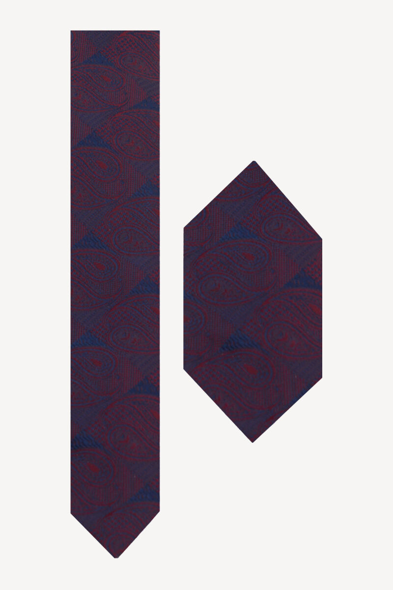 Erkek Bordo Lacivert Desenli Kravat Mendil Set - 1