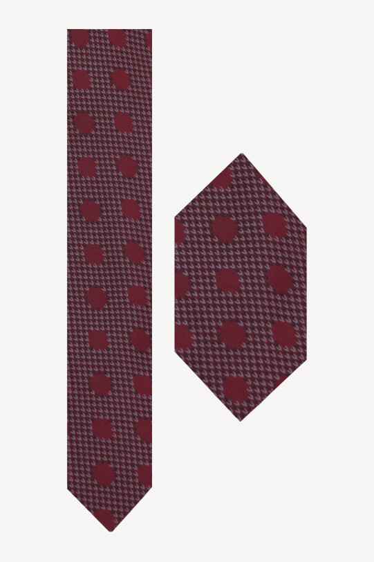 Erkek Bordo Puantiye Desenli Kravat Mendil Set - YSF