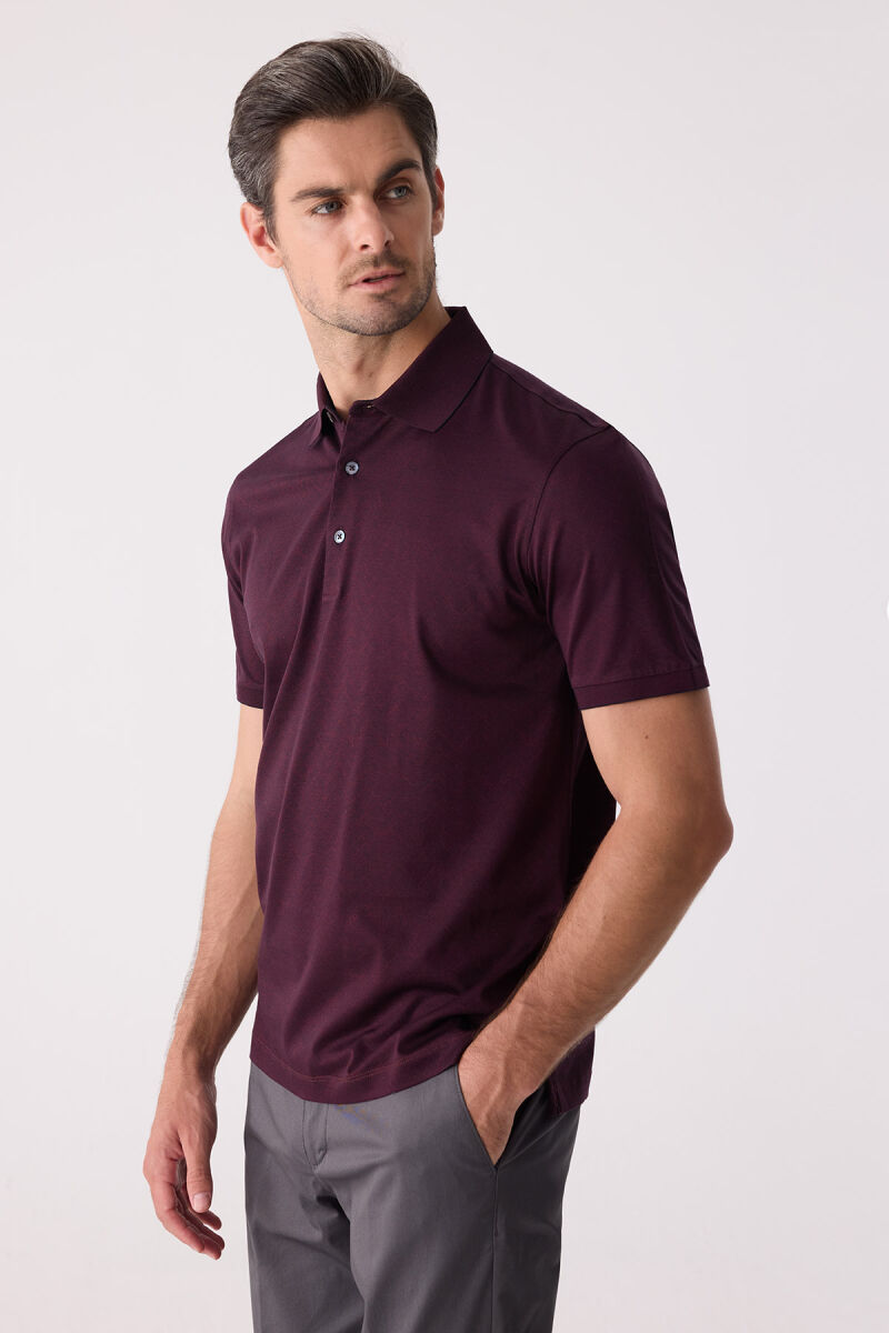 Erkek Bordo Regular Fit Desenli Merserize Polo Yaka Tişört - 4