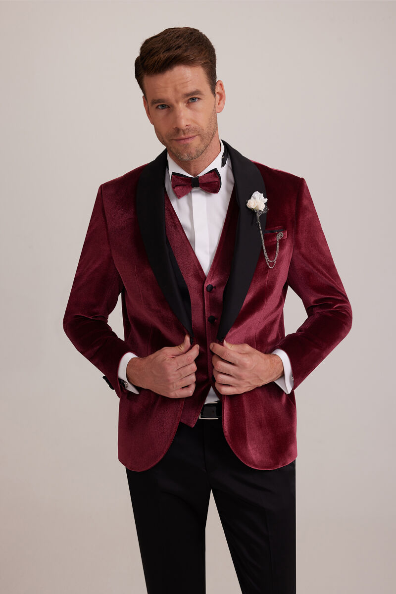 Erkek Bordo Şal Yaka Yelekli Slim Fit Damatlık - 5