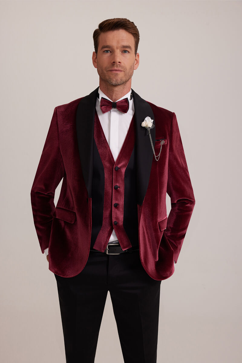 Erkek Bordo Şal Yaka Yelekli Slim Fit Damatlık - 3