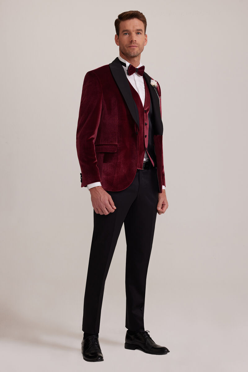 Erkek Bordo Şal Yaka Yelekli Slim Fit Damatlık - 2