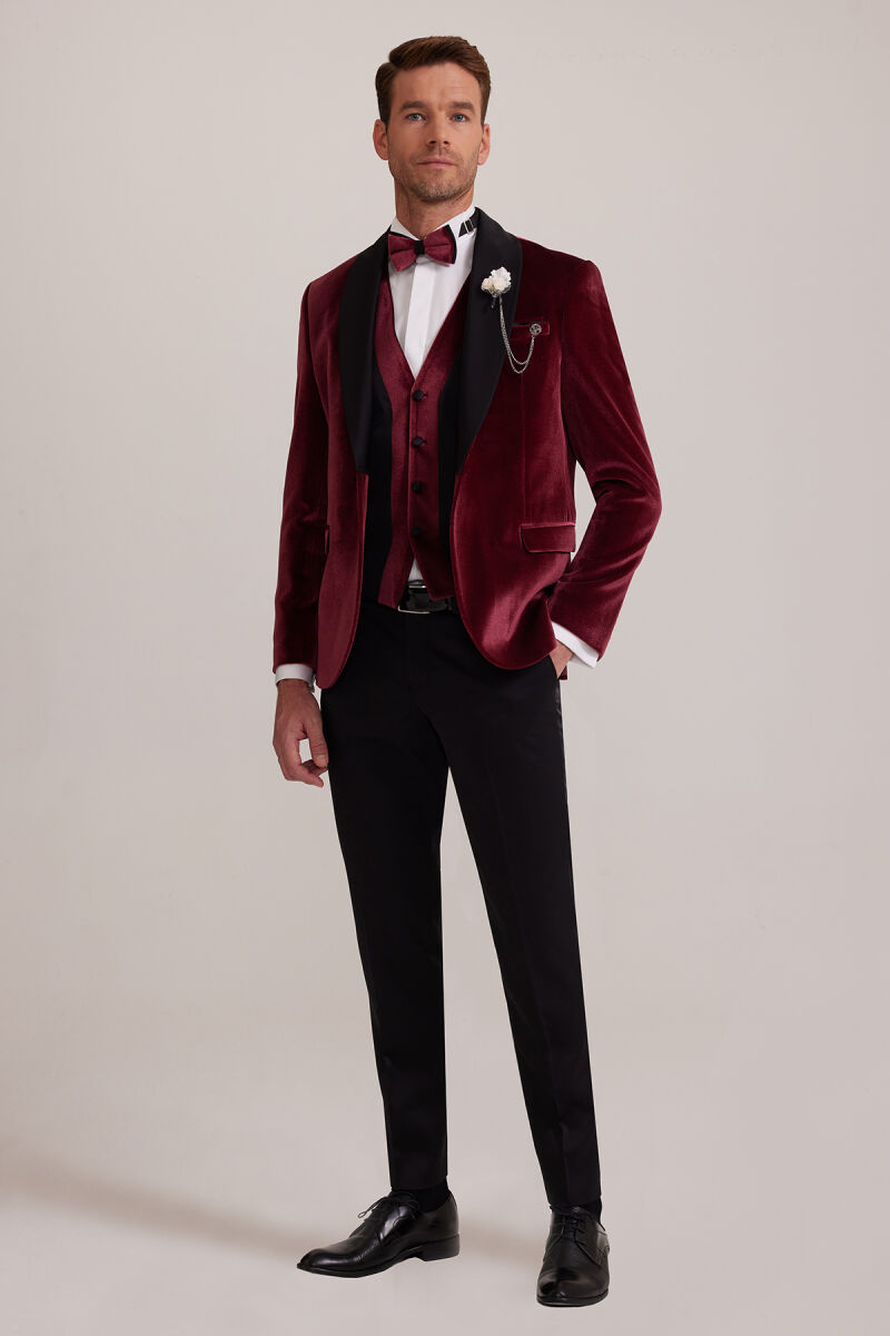 Erkek Bordo Şal Yaka Yelekli Slim Fit Damatlık - 1