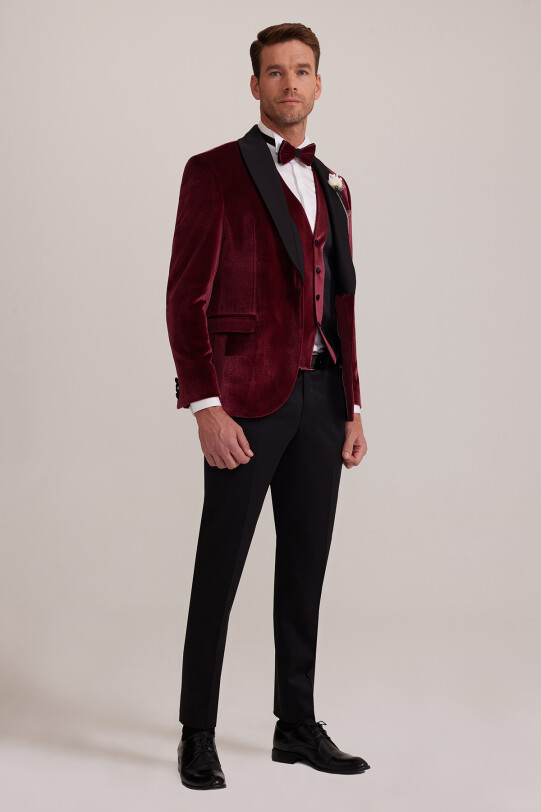 Erkek Bordo Şal Yaka Yelekli Slim Fit Damatlık