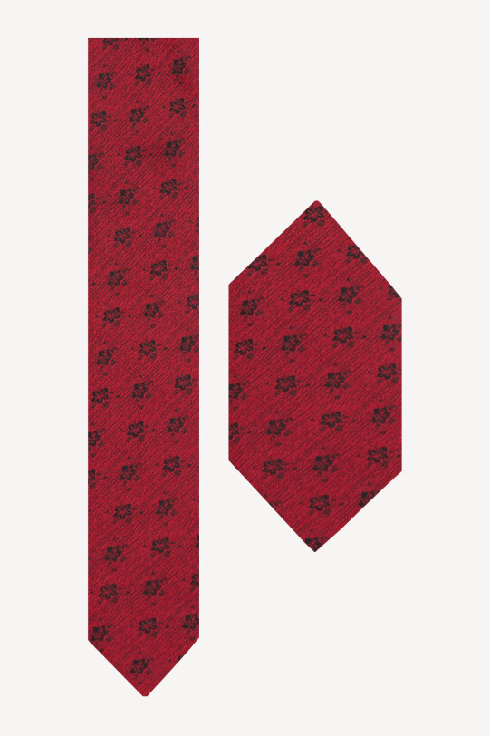 Erkek Bordo Siyah Çiçek Desenli Kravat Mendil Set - YSF