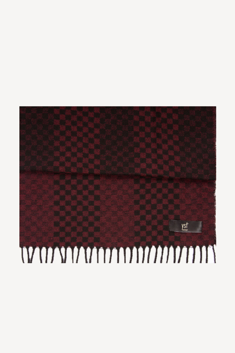 Erkek Bordo Siyah Yünlü Kareli Kaşkol - 1