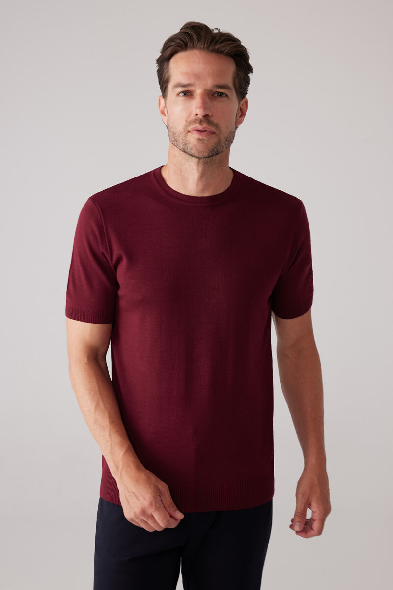 Erkek Bordo Slim Fit Bisiklet Yaka Yazlık Triko Tişört - 1