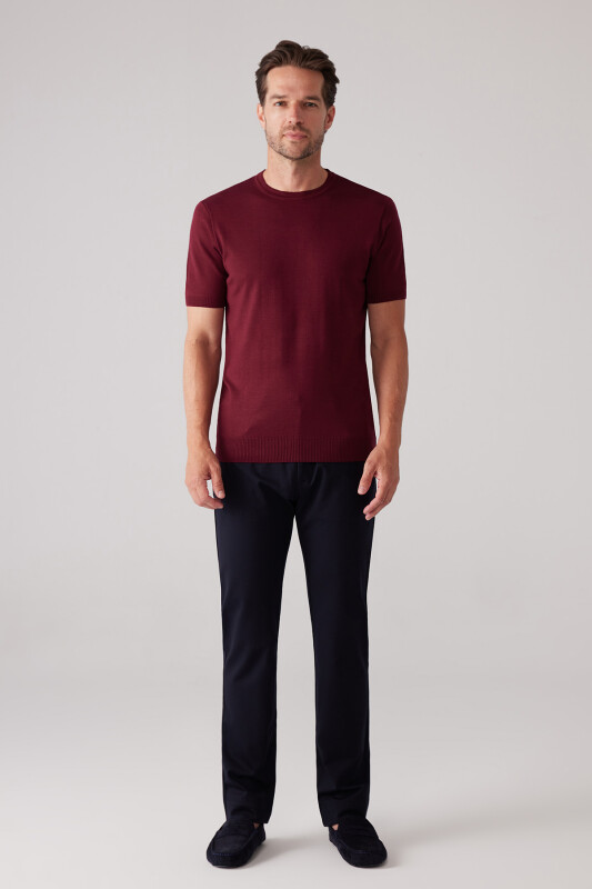 Erkek Bordo Slim Fit Bisiklet Yaka Yazlık Triko Tişört
