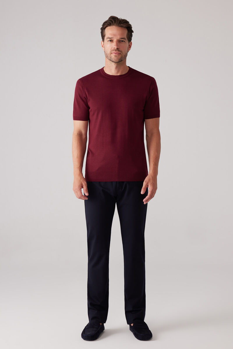 Erkek Bordo Slim Fit Bisiklet Yaka Yazlık Triko Tişört - 2