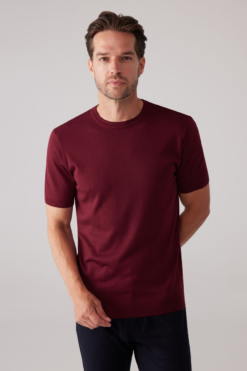 Erkek Bordo Slim Fit Bisiklet Yaka Yazlık Triko Tişört - 3