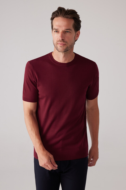 Erkek Bordo Slim Fit Bisiklet Yaka Yazlık Triko Tişört
