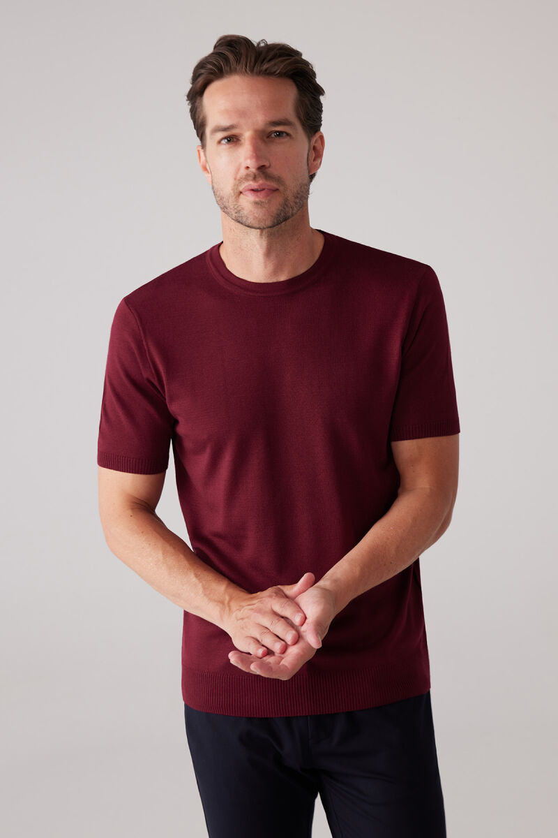 Erkek Bordo Slim Fit Bisiklet Yaka Yazlık Triko Tişört - 5