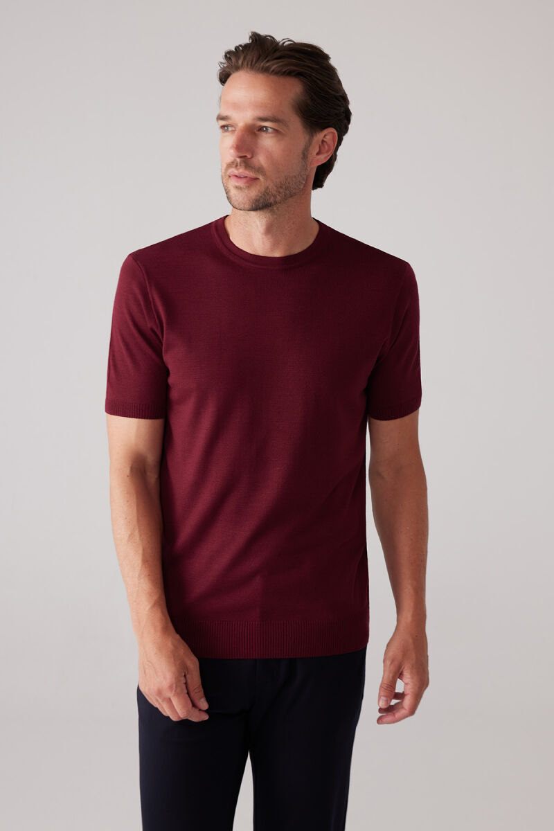 Erkek Bordo Slim Fit Bisiklet Yaka Yazlık Triko Tişört - 6