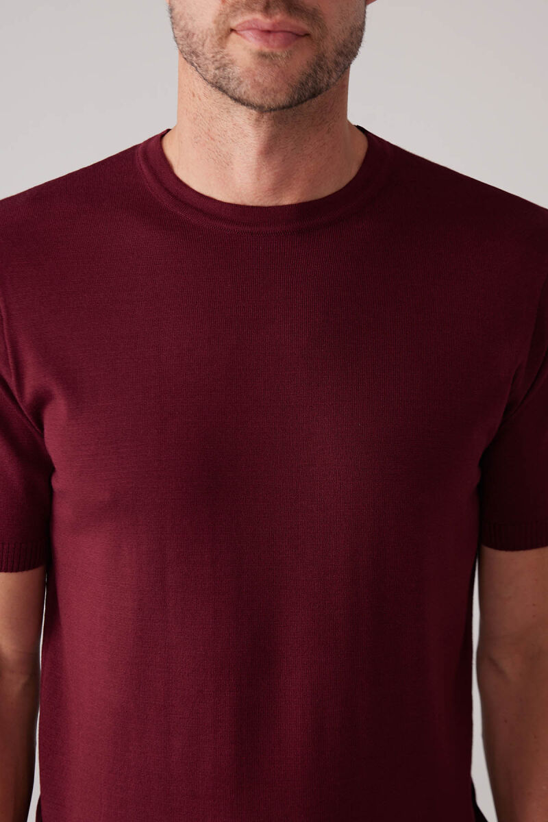 Erkek Bordo Slim Fit Bisiklet Yaka Yazlık Triko Tişört - 7