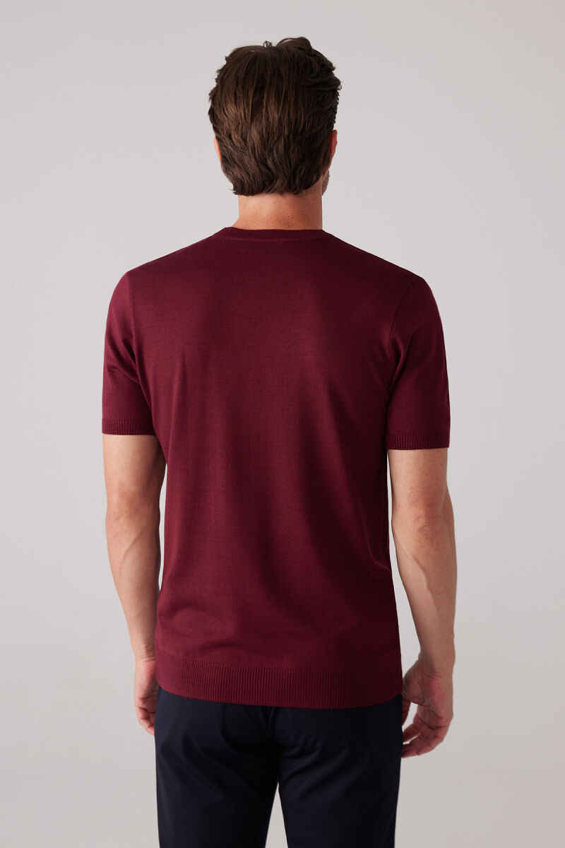 Erkek Bordo Slim Fit Bisiklet Yaka Yazlık Triko Tişört - 8