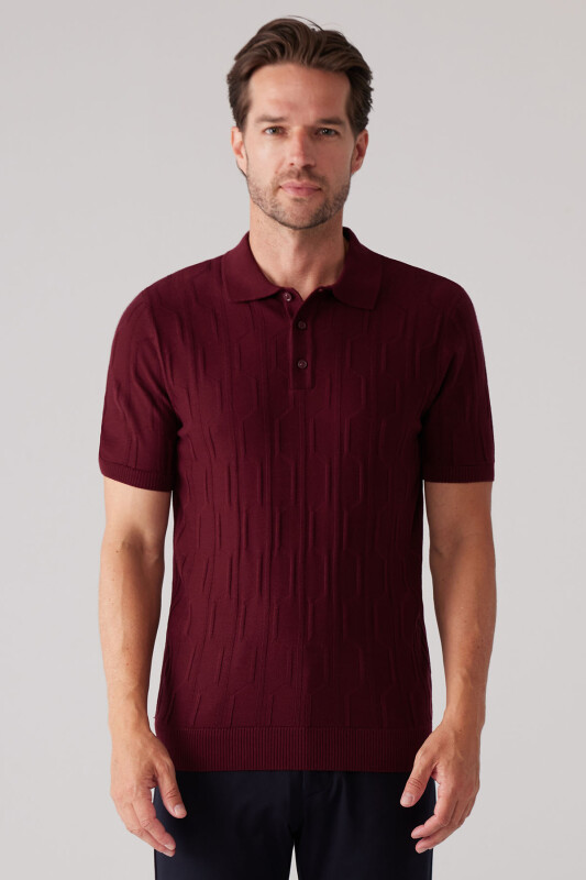 Erkek Bordo Slim Fit Dokulu Örme Polo Yaka Tişört