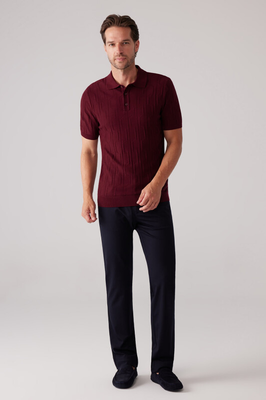 Erkek Bordo Slim Fit Dokulu Örme Polo Yaka Tişört