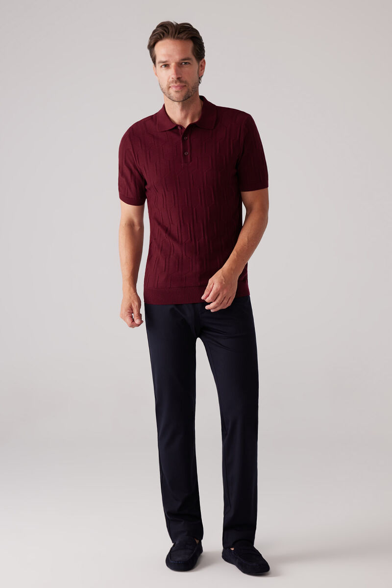 Erkek Bordo Slim Fit Dokulu Örme Polo Yaka Tişört - 2