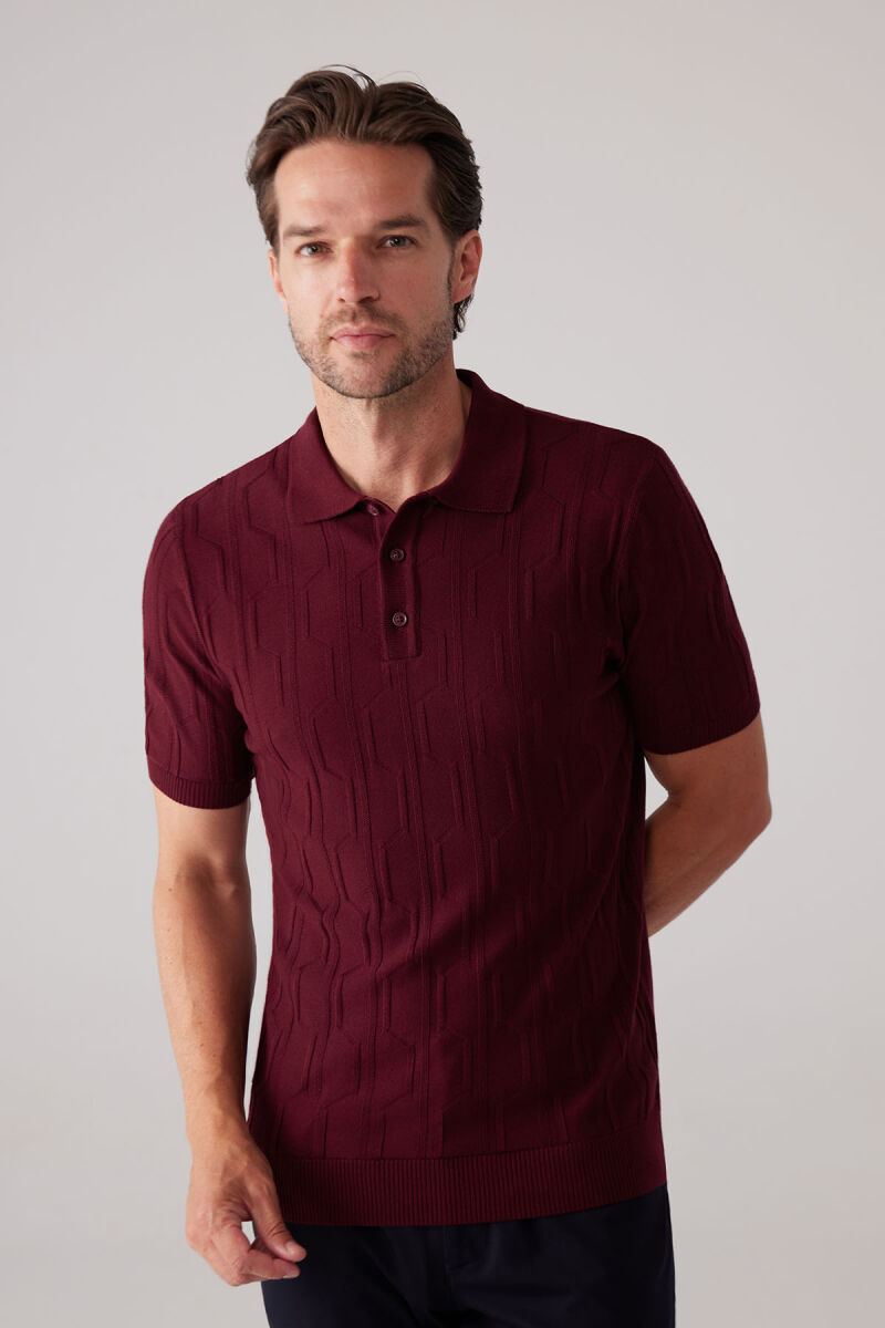 Erkek Bordo Slim Fit Dokulu Örme Polo Yaka Tişört - 3