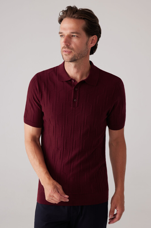 Erkek Bordo Slim Fit Dokulu Örme Polo Yaka Tişört