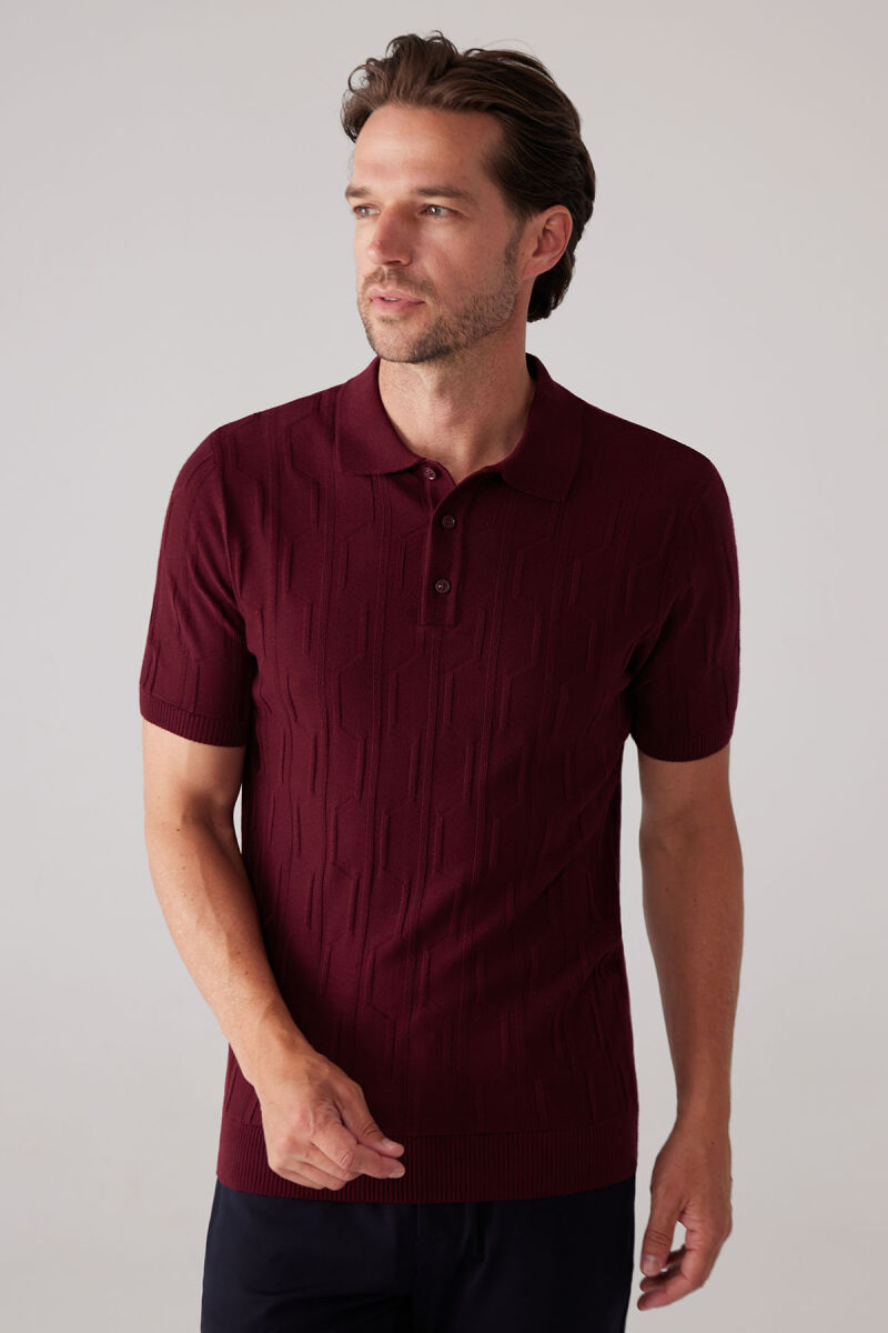 Erkek Bordo Slim Fit Dokulu Örme Polo Yaka Tişört - 4