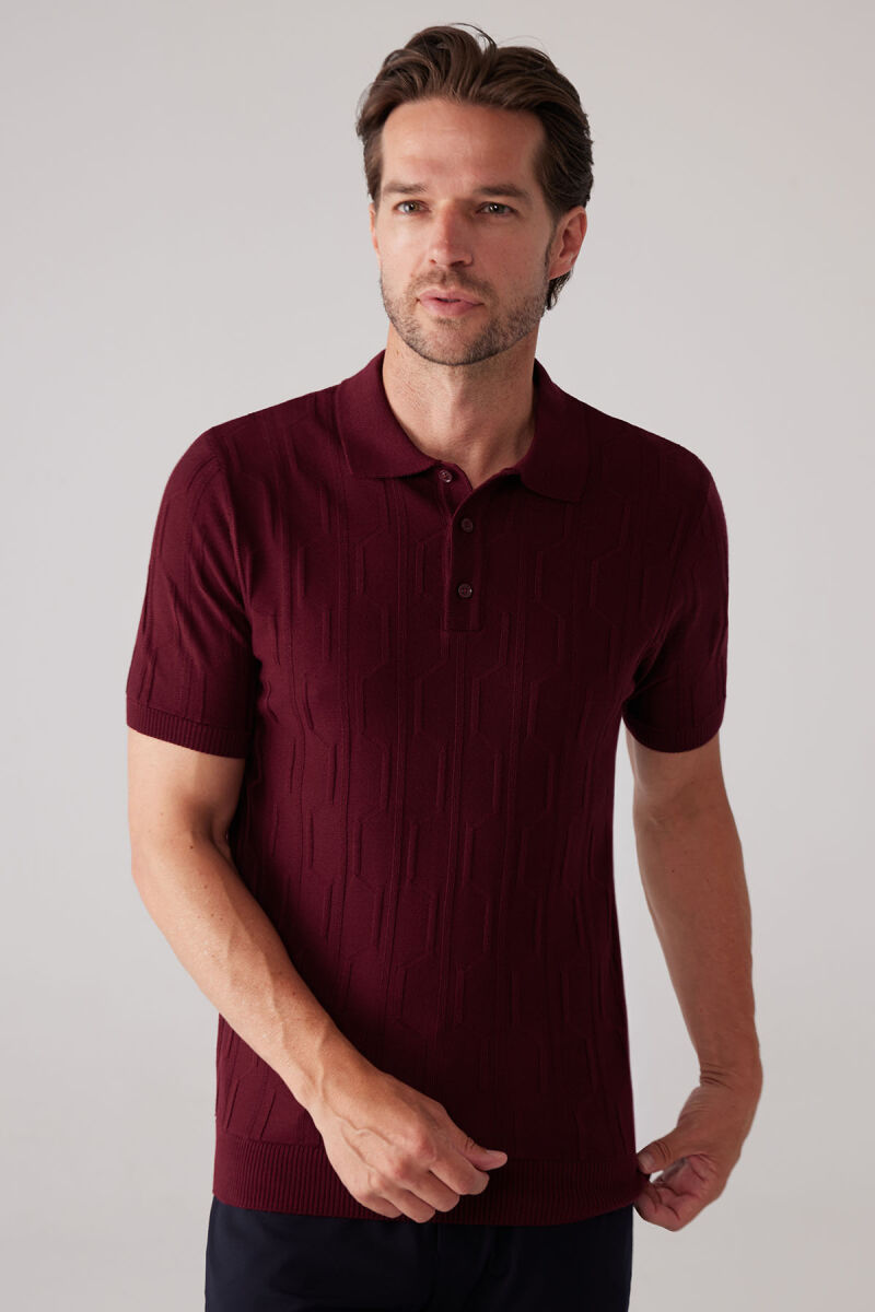 Erkek Bordo Slim Fit Dokulu Örme Polo Yaka Tişört - 5