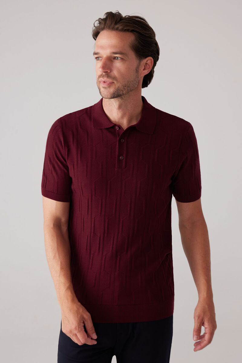 Erkek Bordo Slim Fit Dokulu Örme Polo Yaka Tişört - 6