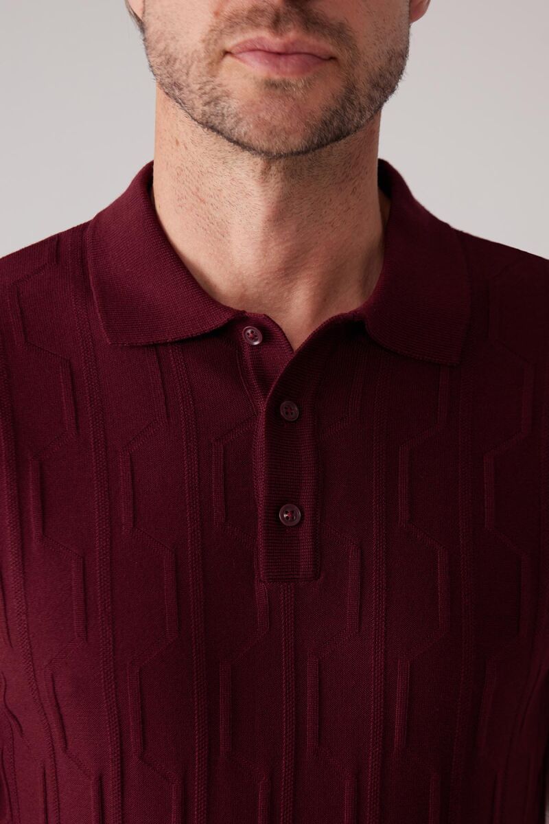 Erkek Bordo Slim Fit Dokulu Örme Polo Yaka Tişört - 7