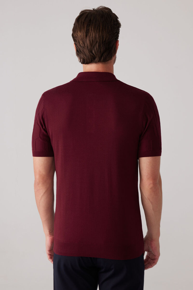 Erkek Bordo Slim Fit Dokulu Örme Polo Yaka Tişört - 8