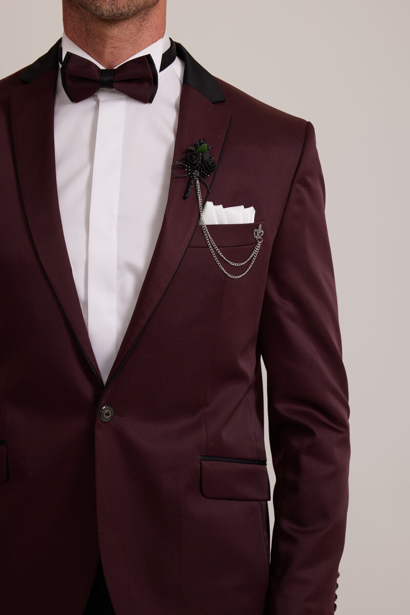 Erkek Bordo Slim Fit Mono Yaka Damatlık - 7