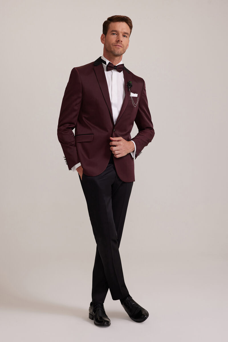 Erkek Bordo Slim Fit Mono Yaka Damatlık - 2