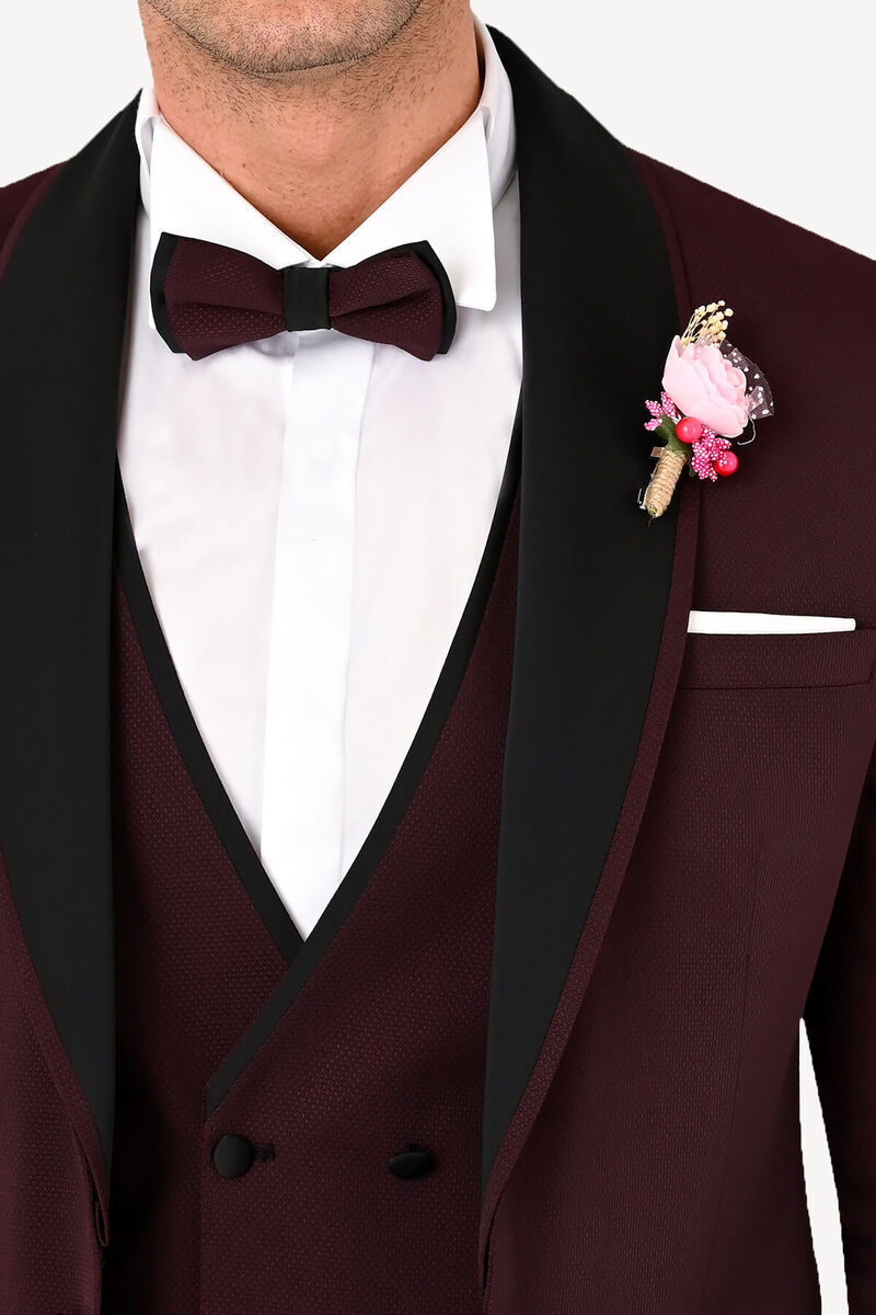 Erkek Bordo Slim Fit Yelekli Çıkma Şal Yaka Damatlık - 4