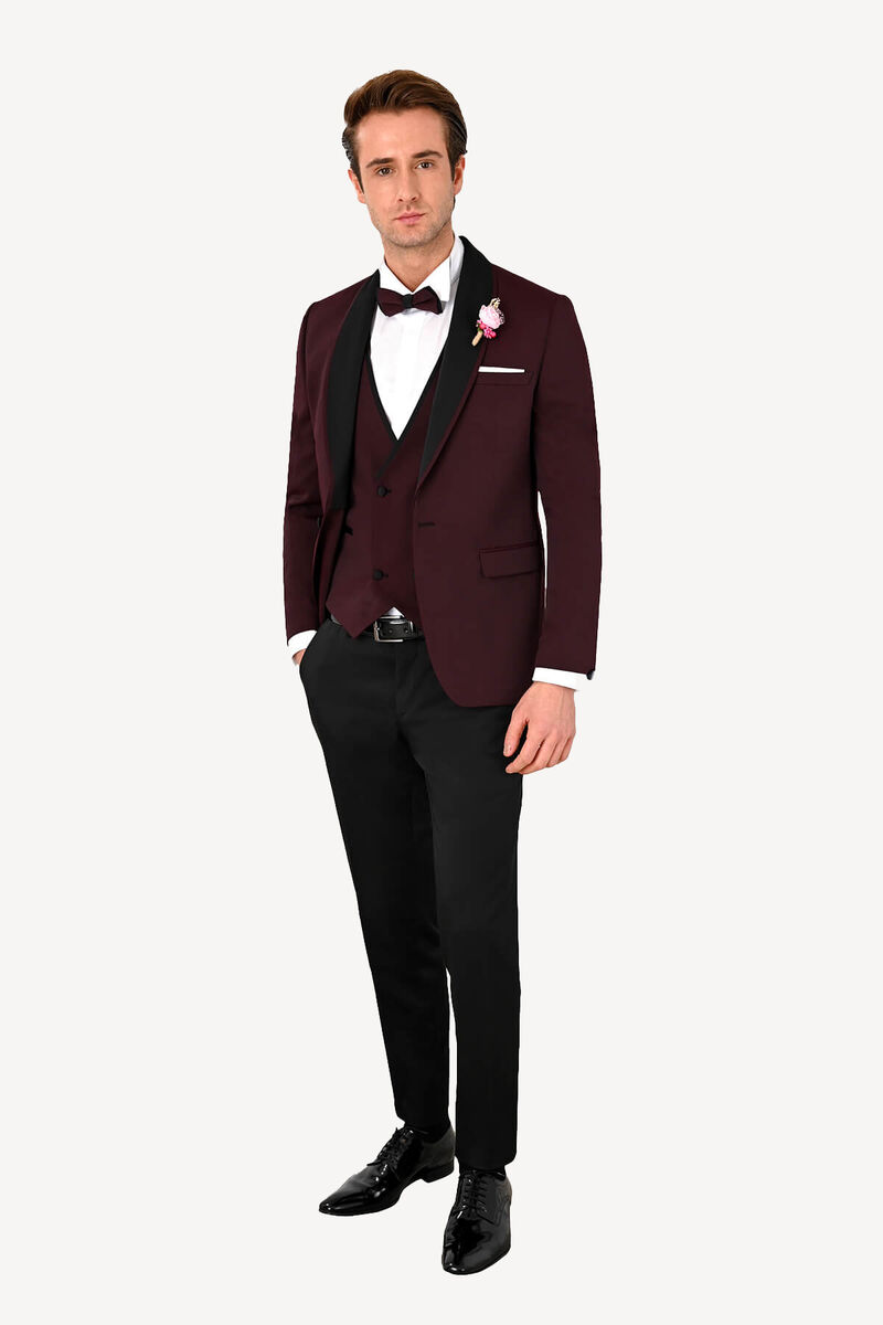 Erkek Bordo Slim Fit Yelekli Çıkma Şal Yaka Damatlık - 1