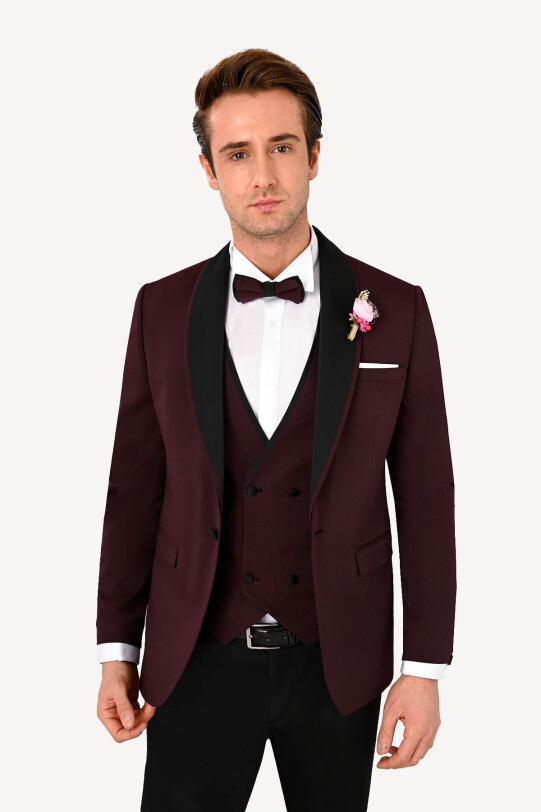 Erkek Bordo Slim Fit Yelekli Çıkma Şal Yaka Damatlık
