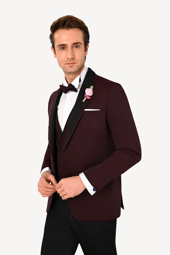 Erkek Bordo Slim Fit Yelekli Çıkma Şal Yaka Damatlık