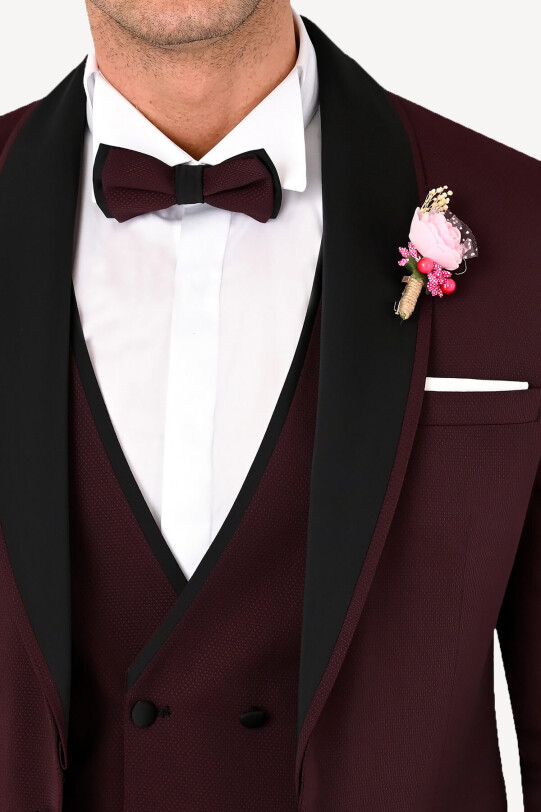 Erkek Bordo Slim Fit Yelekli Çıkma Şal Yaka Damatlık