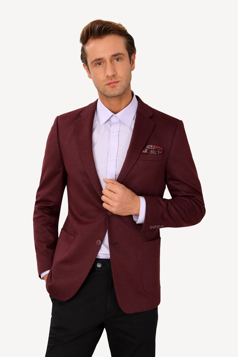 Erkek Bordo Spor Desenli Yünlü Ceket - 1