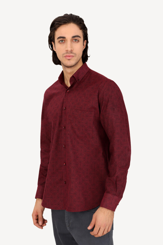 Erkek Bordo Uzun Kol Regular Fit Desenli Gömlek