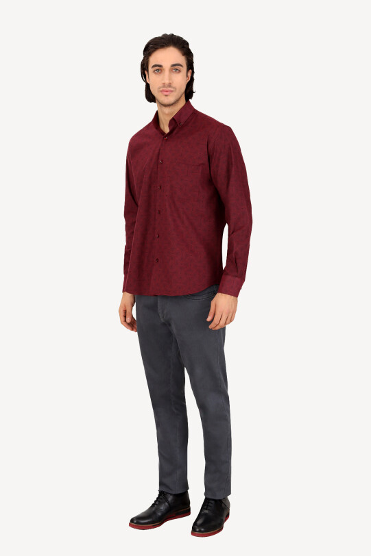 Erkek Bordo Uzun Kol Regular Fit Desenli Gömlek