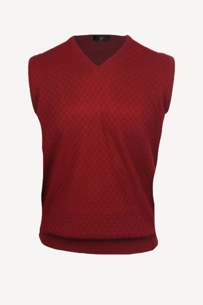 Erkek Bordo V Yaka Desenli Klasik Triko Süveter - 1