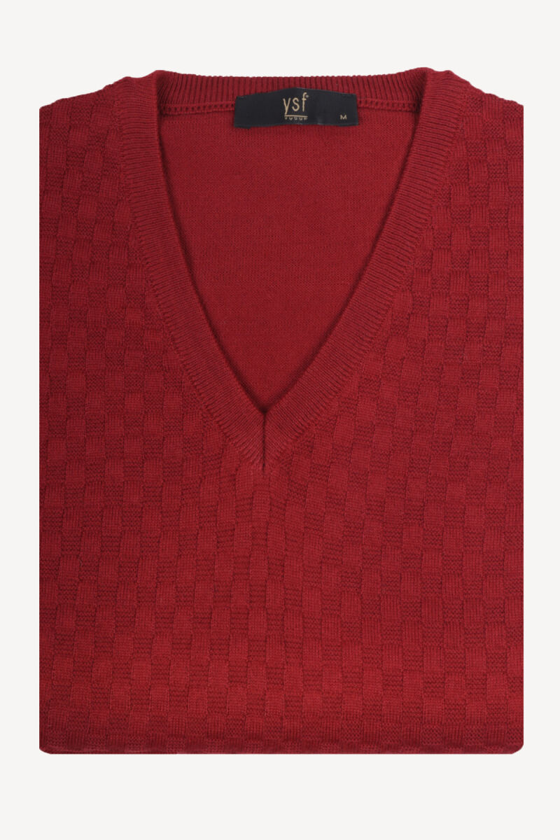 Erkek Bordo V Yaka Desenli Klasik Triko Süveter - 3