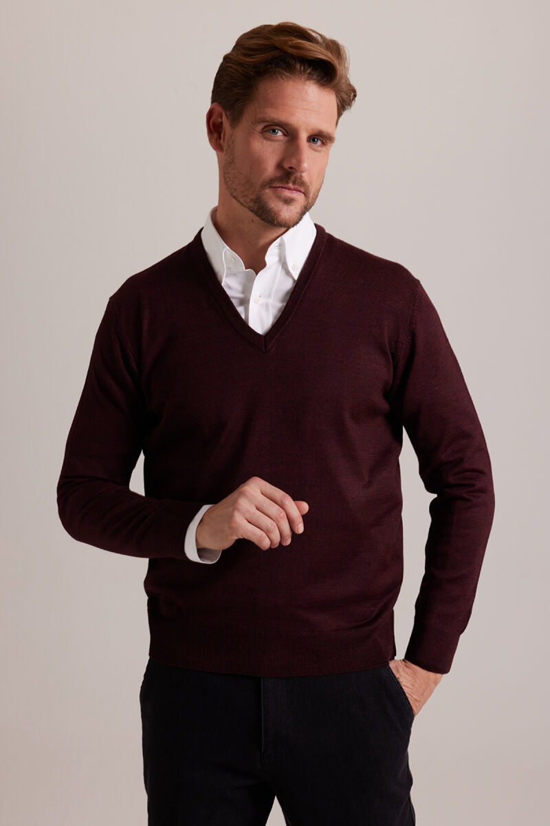 Erkek Bordo V Yaka Klasik Düz Triko - 1