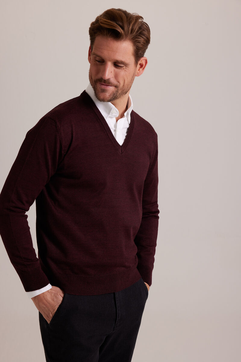 Erkek Bordo V Yaka Klasik Düz Triko - 4